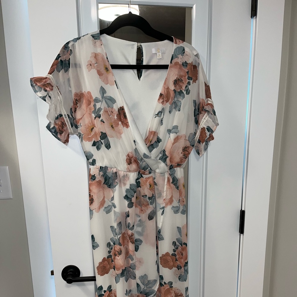 High low short sleeve white floral dress